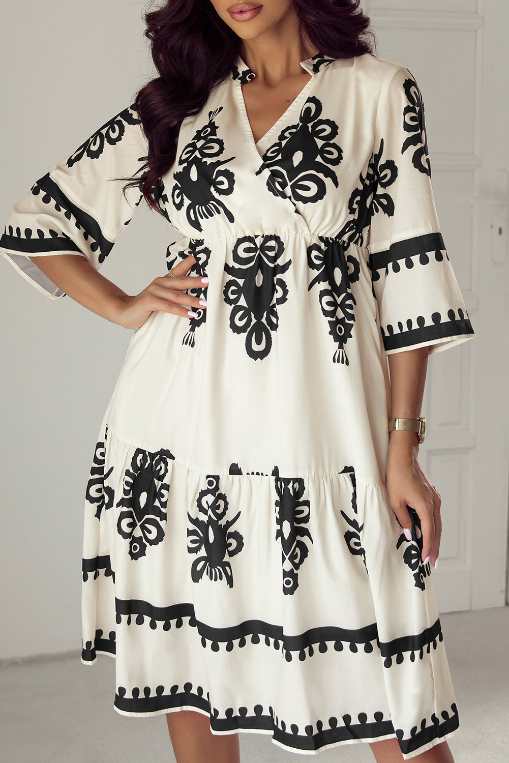 Beige Western Geometric Print 3/4 Sleeve Loose Midi Dress - Glimmer Road