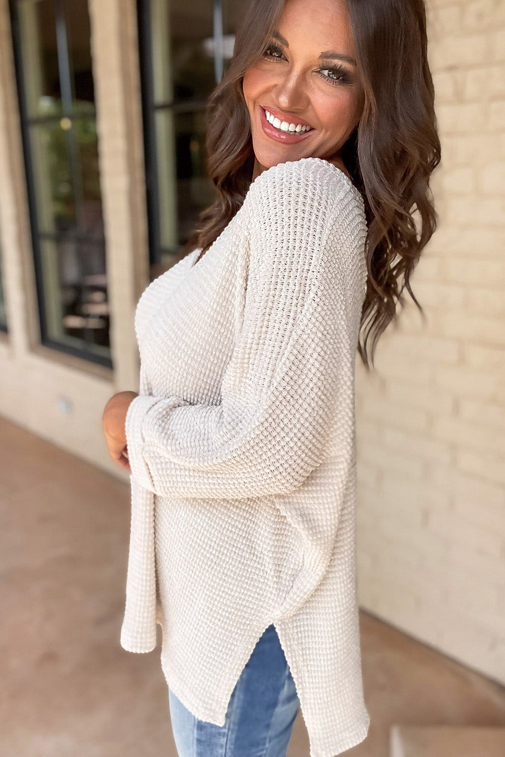 White Waffle Knit Side Slits Loose Fit V Neck Top - Glimmer Road