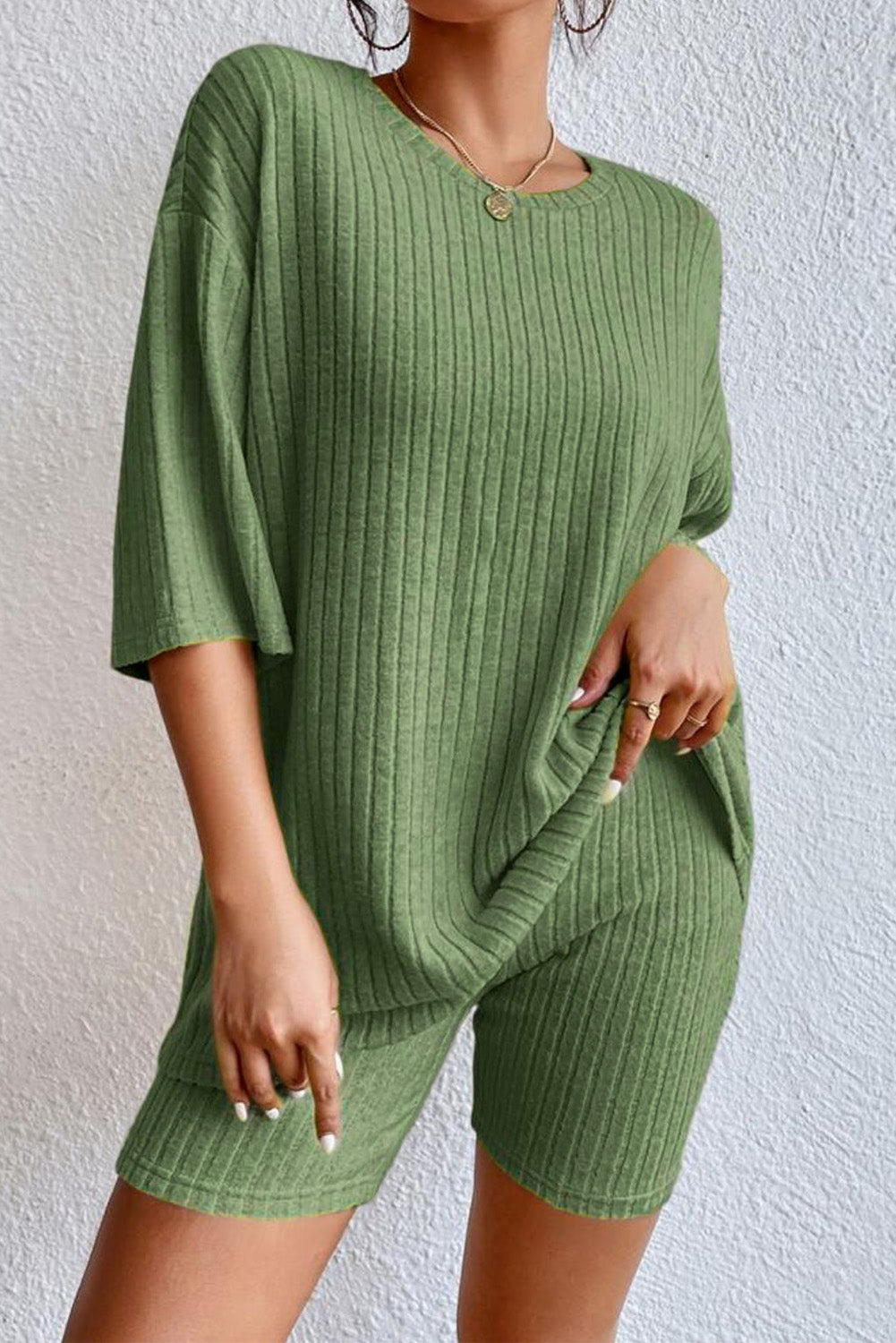 Gray Plain Ribbed Loose Fit Two Piece Lounge Set - Glimmer Road