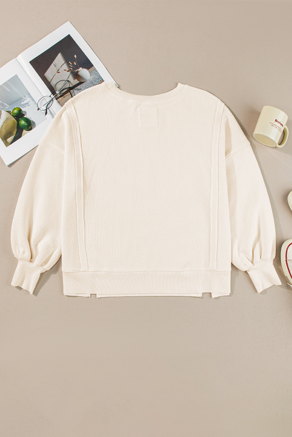 White Waffle Knit Bishop Sleeve Split Oversized Sweatshirt - Glimmer Road
