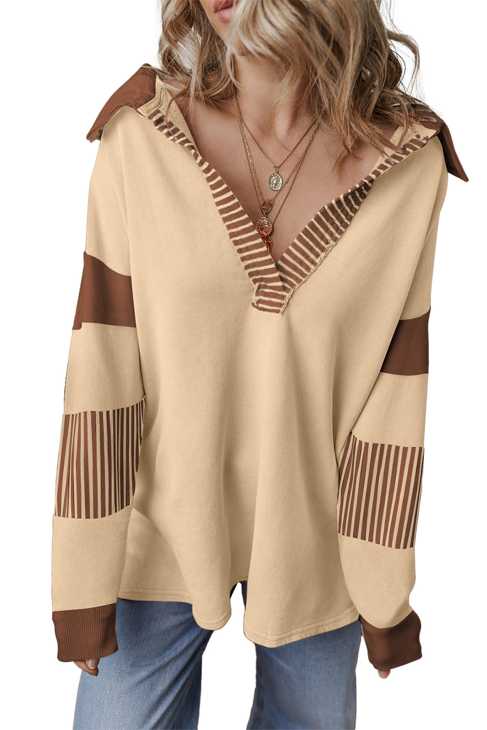 Sail Blue Striped Colorblock Patchwork Collar Sweatshirt - Glimmer Road