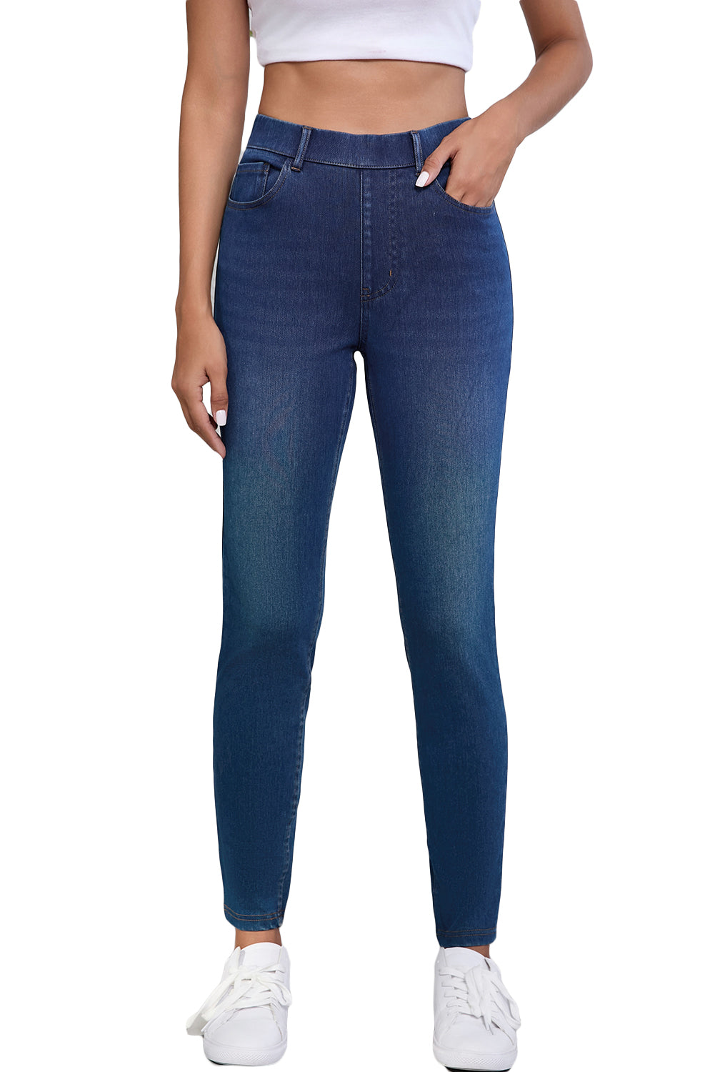 Ashleigh Blue Multiple Pockets Straight Leg Washed Stretchy Knit Casual Jeans - Glimmer Road