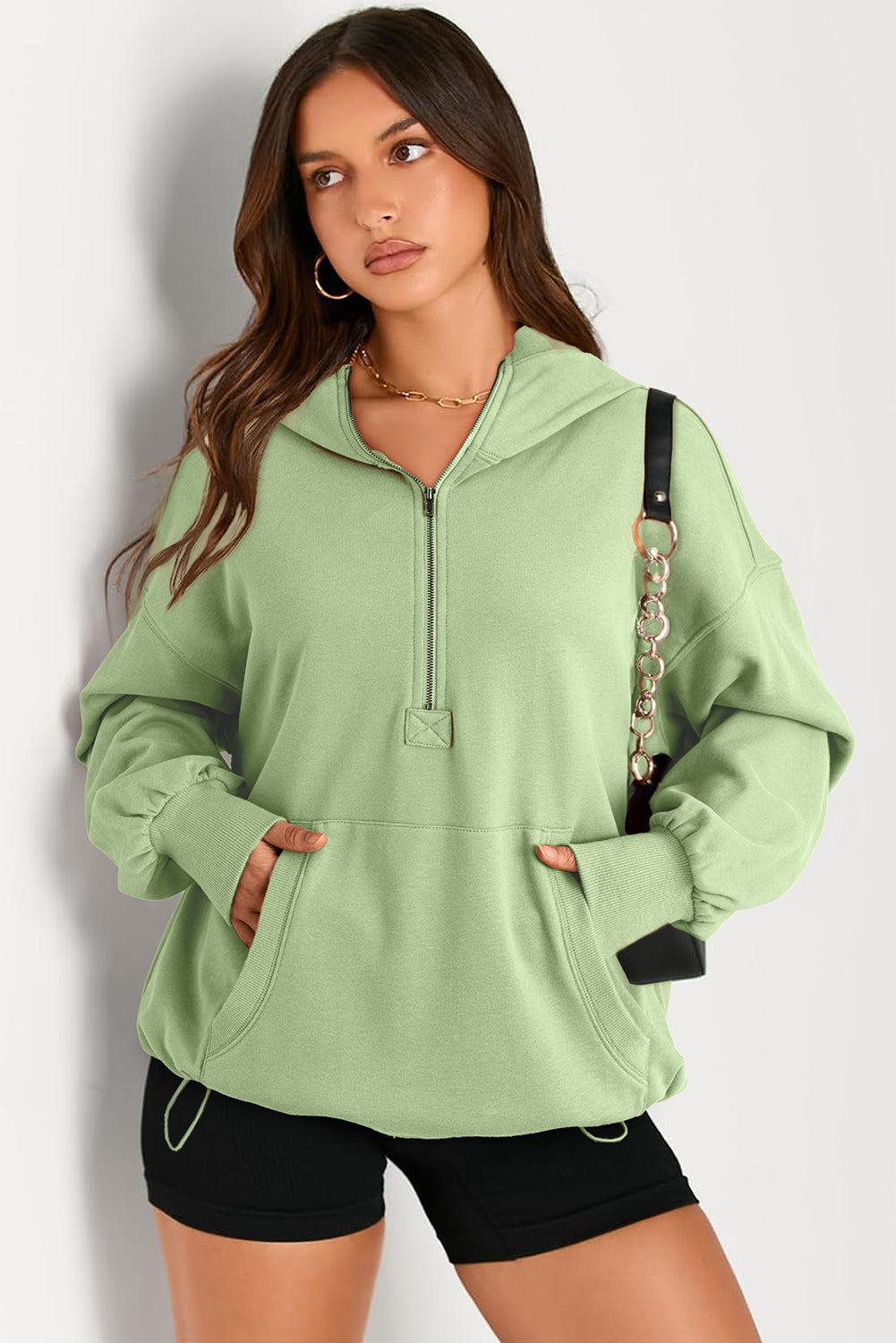 Orange Solid Kangaroo Pocket Half Zipper Oversized Hoodie - Glimmer Road