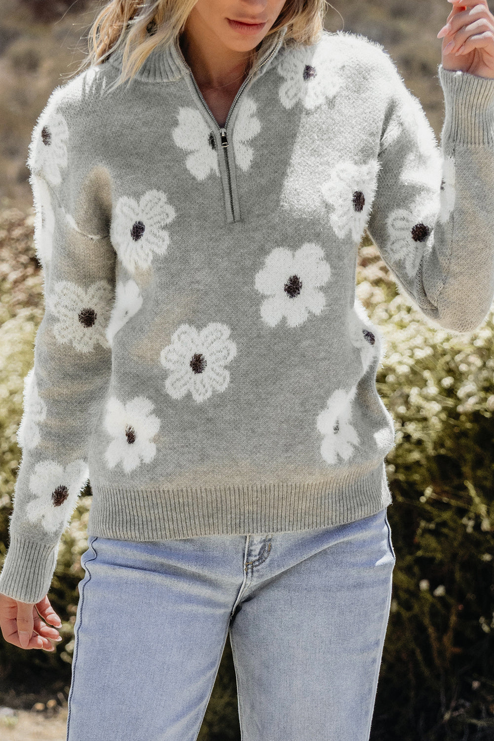 Gray Floral Pattern Half Zip Drop Shoulder Sweater - Glimmer Road