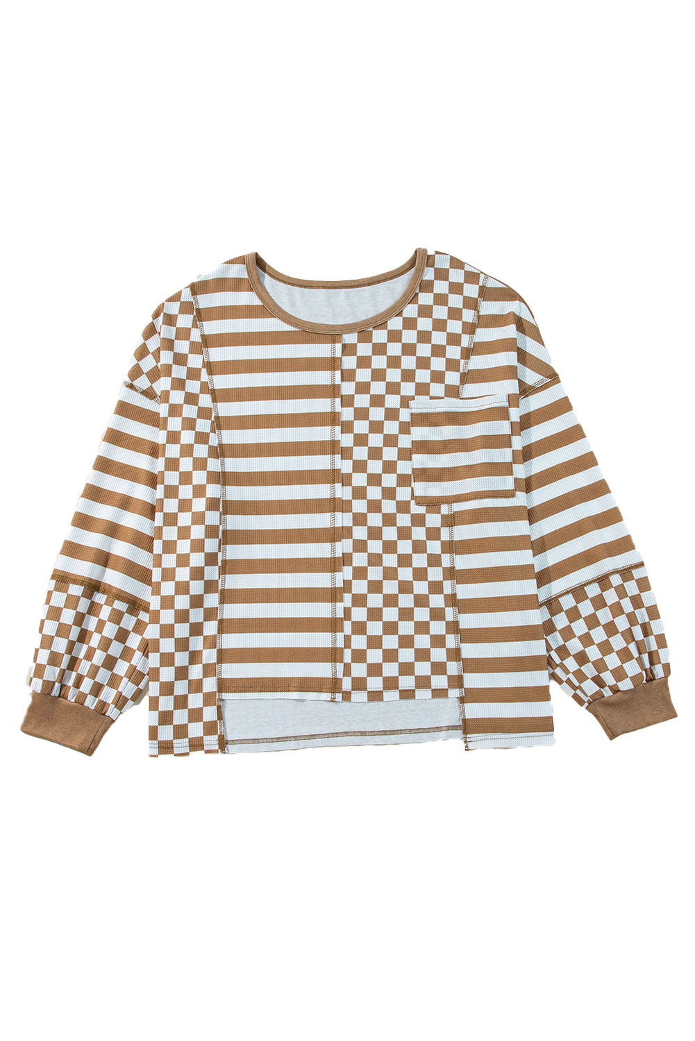 Khaki Striped Checkered Mixed Print Chest Pocket Casual Plus Size Top - Glimmer Road
