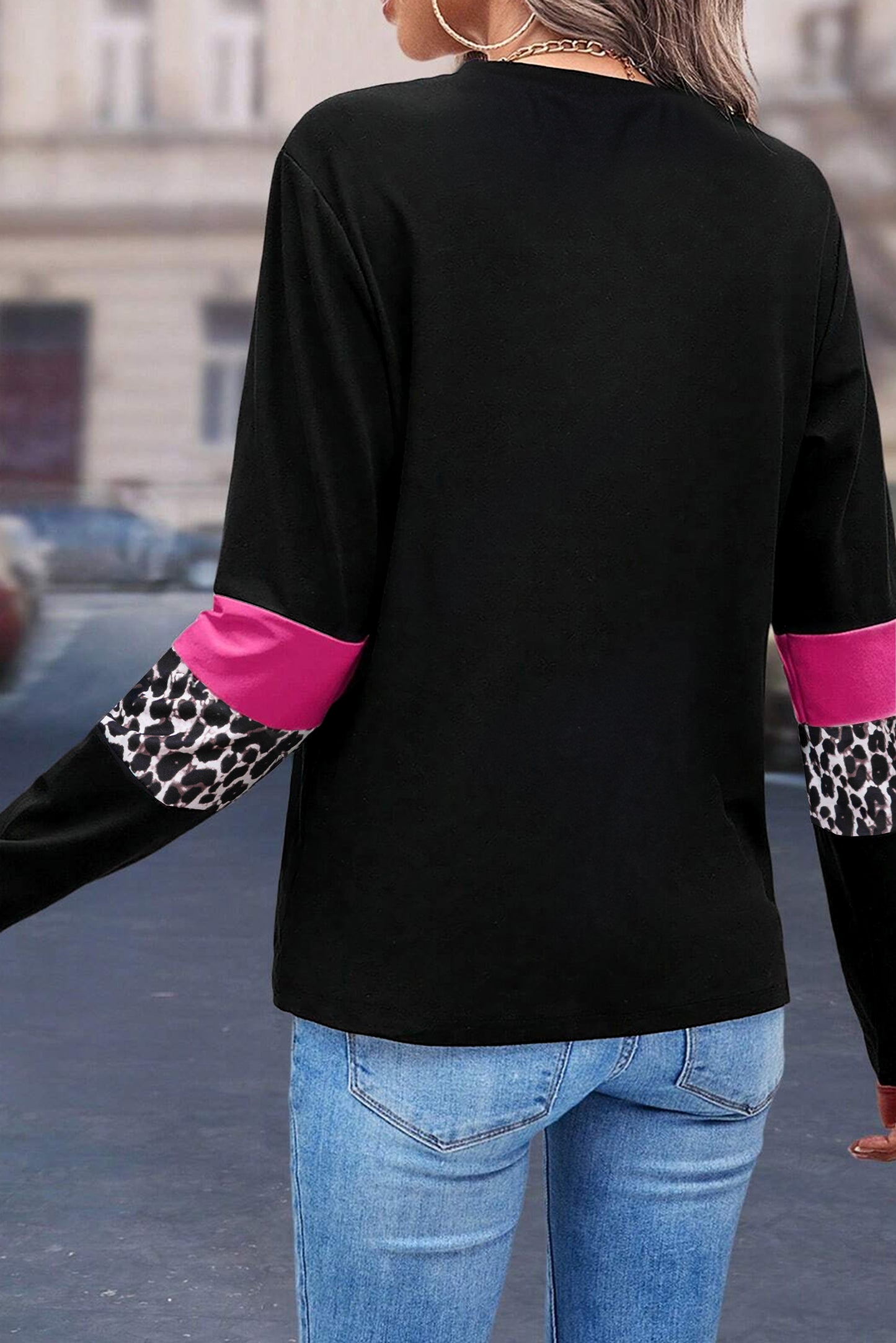 Rose Leopard Colorblock Patchwork Crew Neck Long Sleeve Tee - Glimmer Road