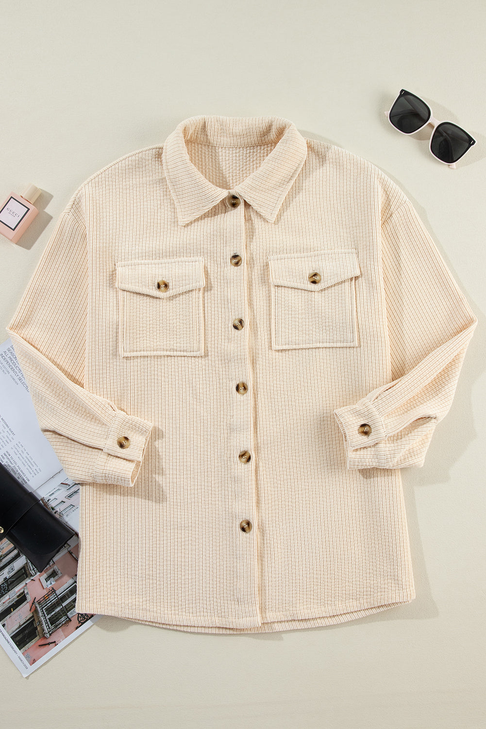 Oatmeal Corduroy Flap Pocket Button Up Shacket - Glimmer Road