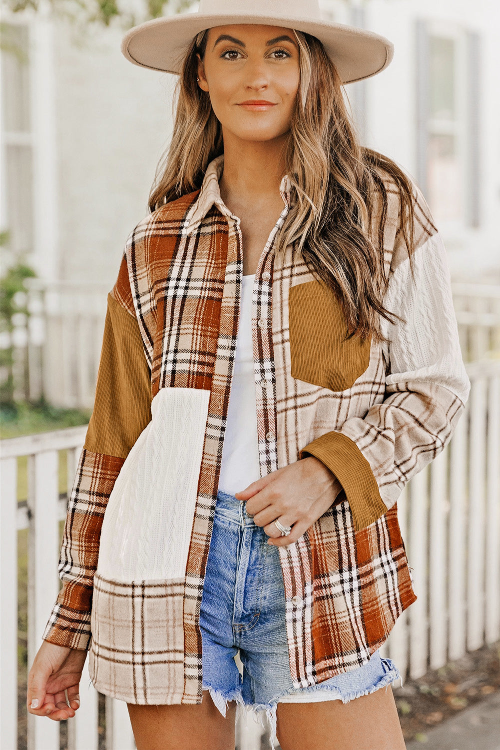Orange Plaid Color Block Patchwork Shirt Jacket with Pocket - Glimmer Road