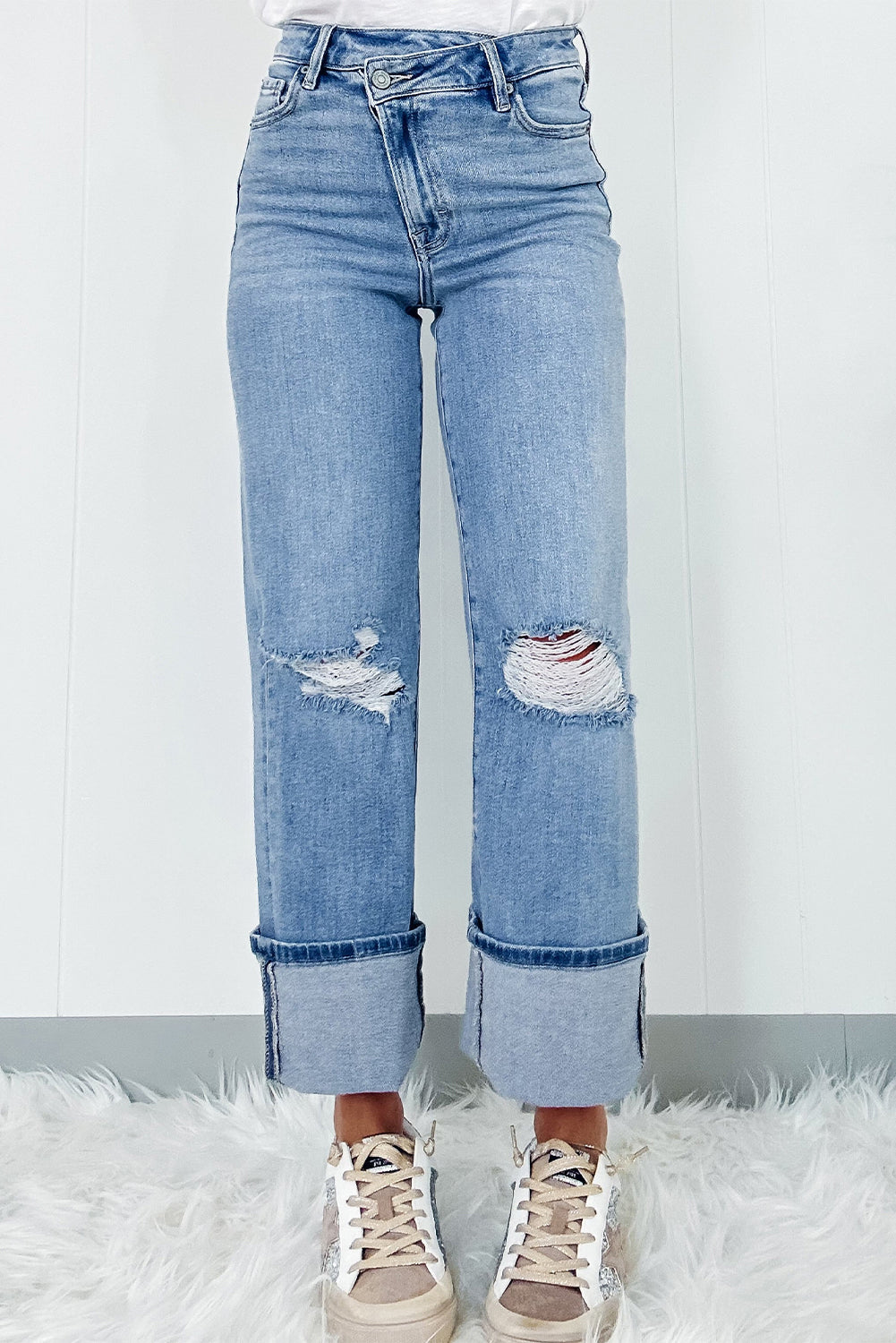 Dusk Blue High Rise Asymmetric Button Zip Fly Ripped Jeans - Glimmer Road