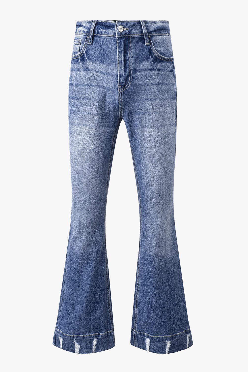 Sky Blue Slight Distressed Medium Wash Flare Jeans - Glimmer Road