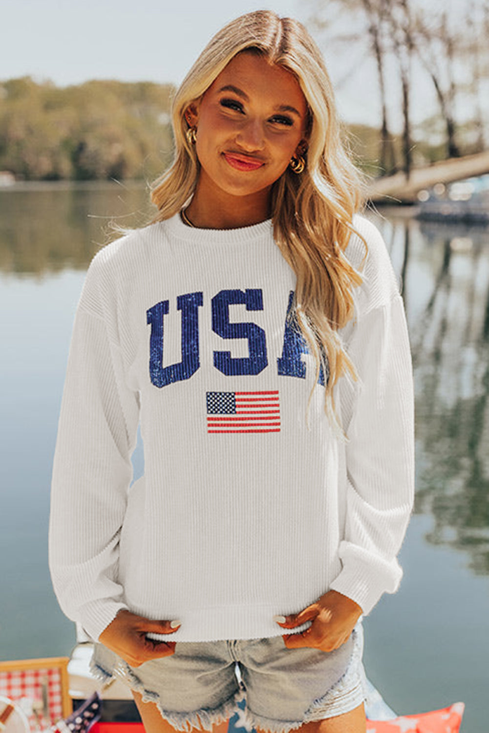 White USA Flag Corded Graphic Sweatshirt - Glimmer Road