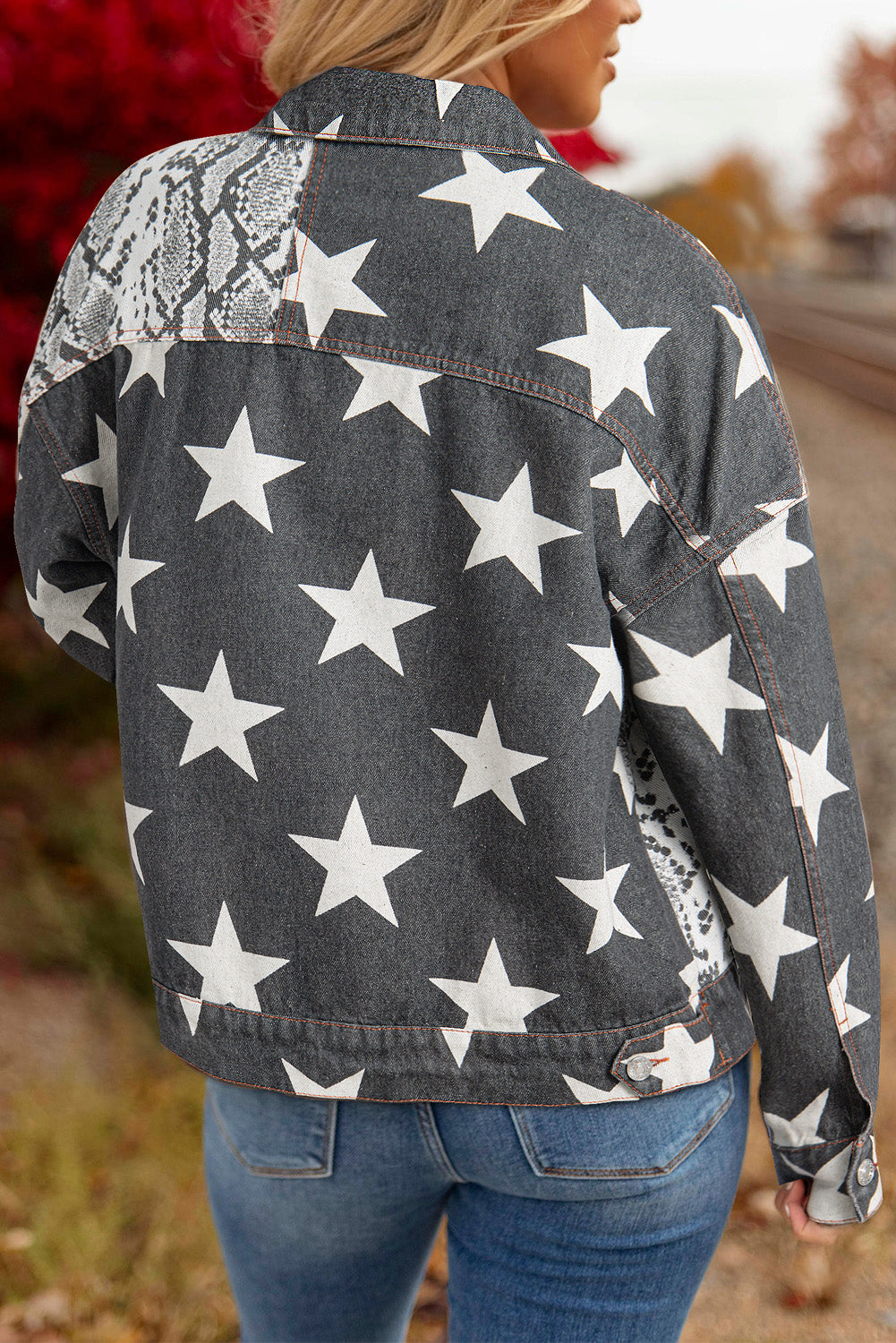 Black Star Snakeskin Printed Patchwork Denim Jacket - Glimmer Road