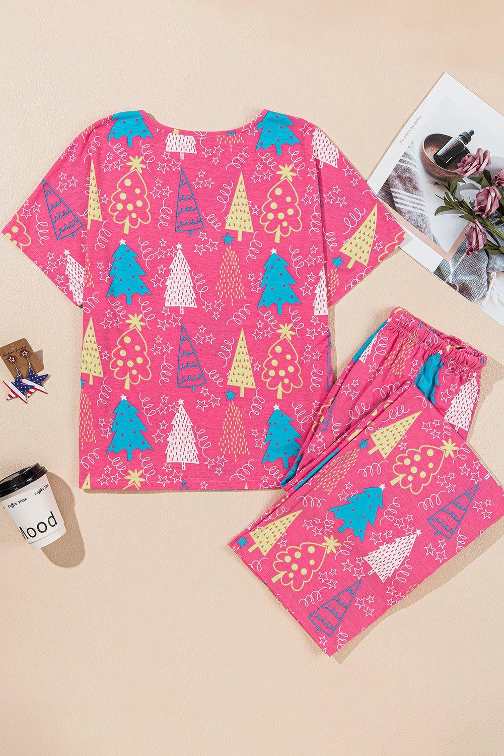 Rose Christmas Tree Print V Neck Tee and Pants Lounge Set - Glimmer Road