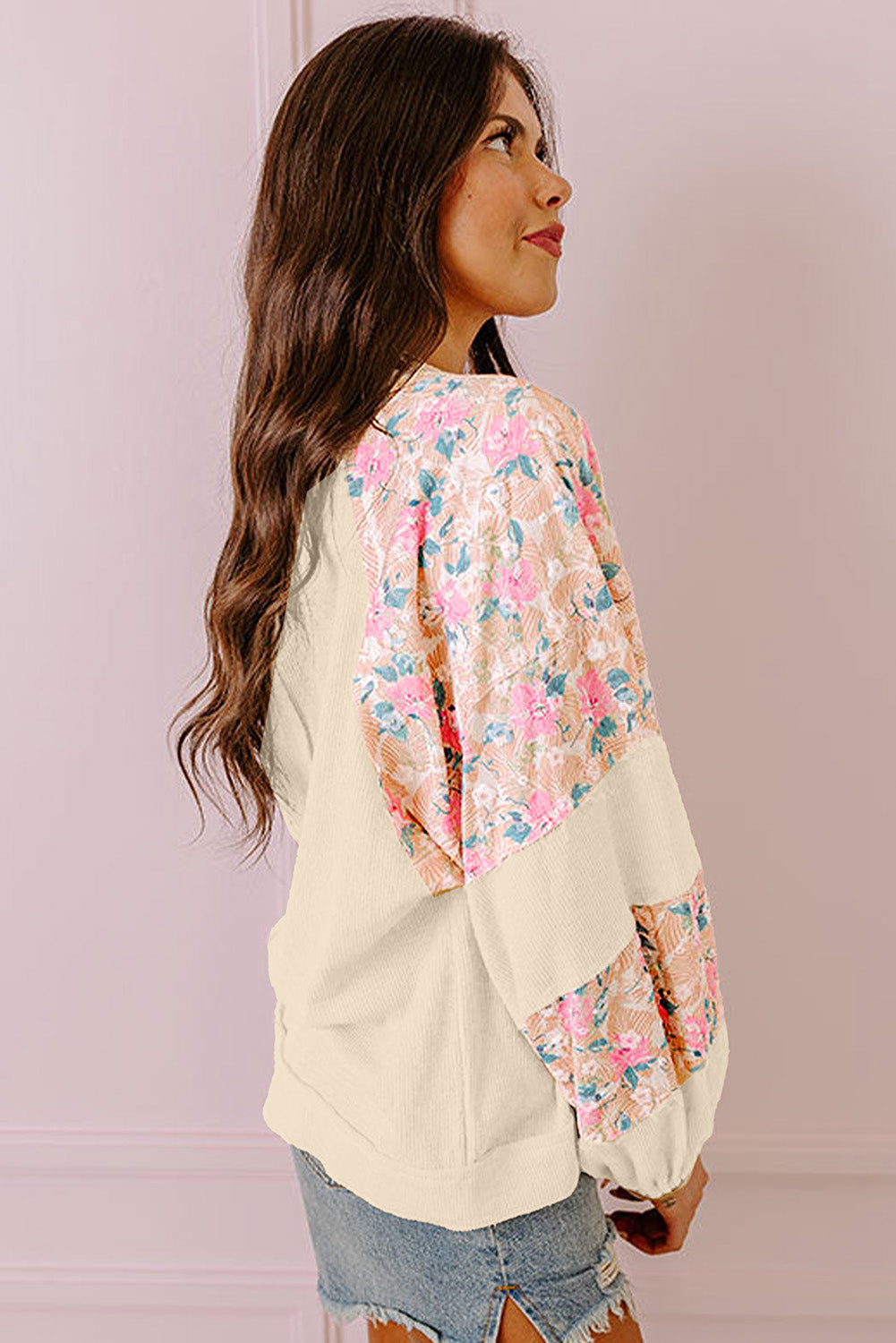 Apricot Textured Floral Patchwork Balloon Sleeve Blouse - Glimmer Road