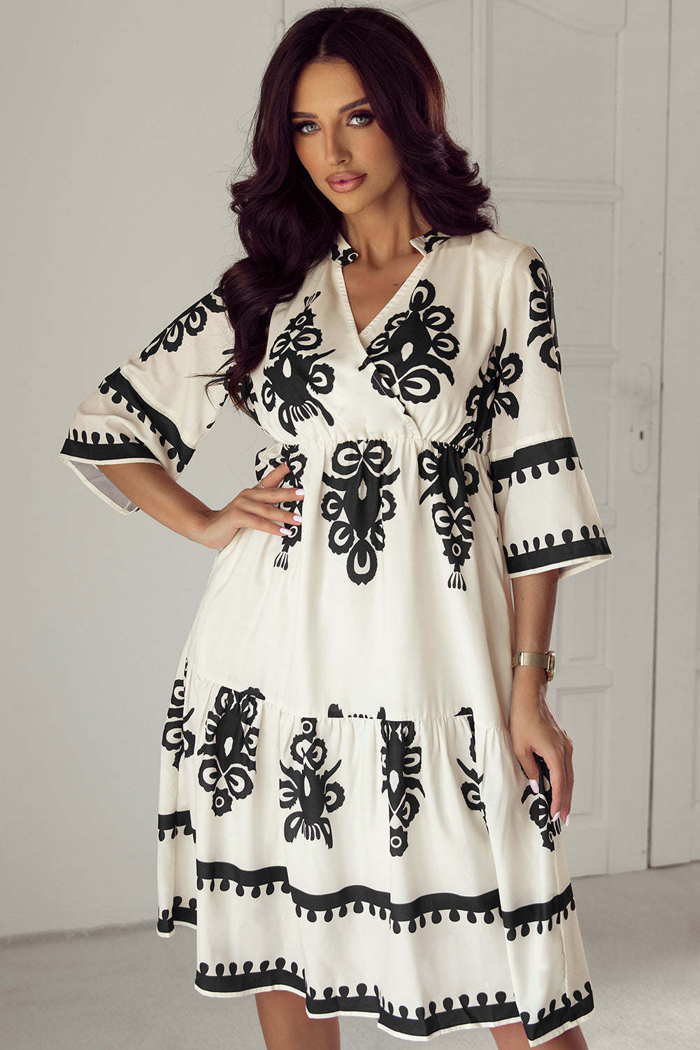 Beige Western Geometric Print 3/4 Sleeve Loose Midi Dress - Glimmer Road