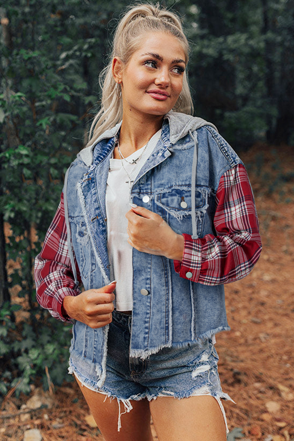 Beau Blue Plaid Print Patchwork Hooded Raw Hem Denim Jacket - Glimmer Road