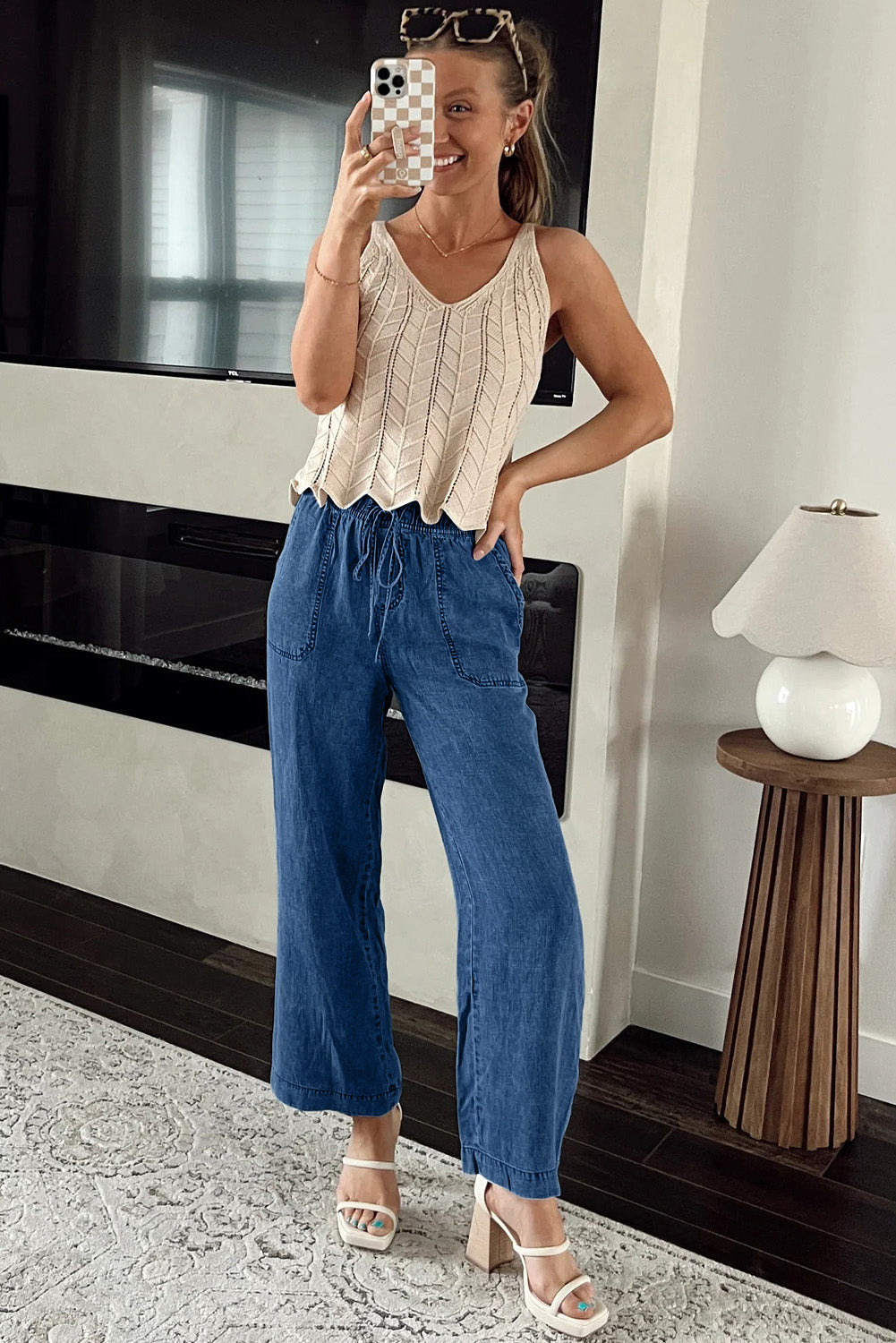 Sail Blue Mineral Wash Drawstring Waist Loose Straight Denim Pants - Glimmer Road