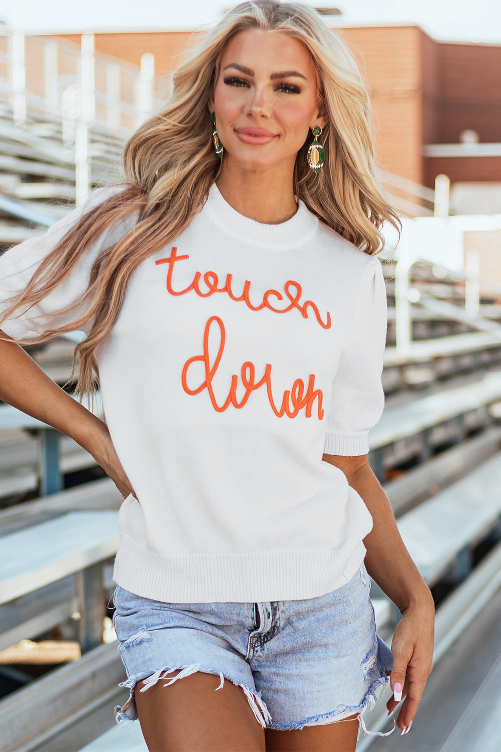 White Touchdown Tinsel Puff Short Sleeve Crew Neck Sweater - Glimmer Road