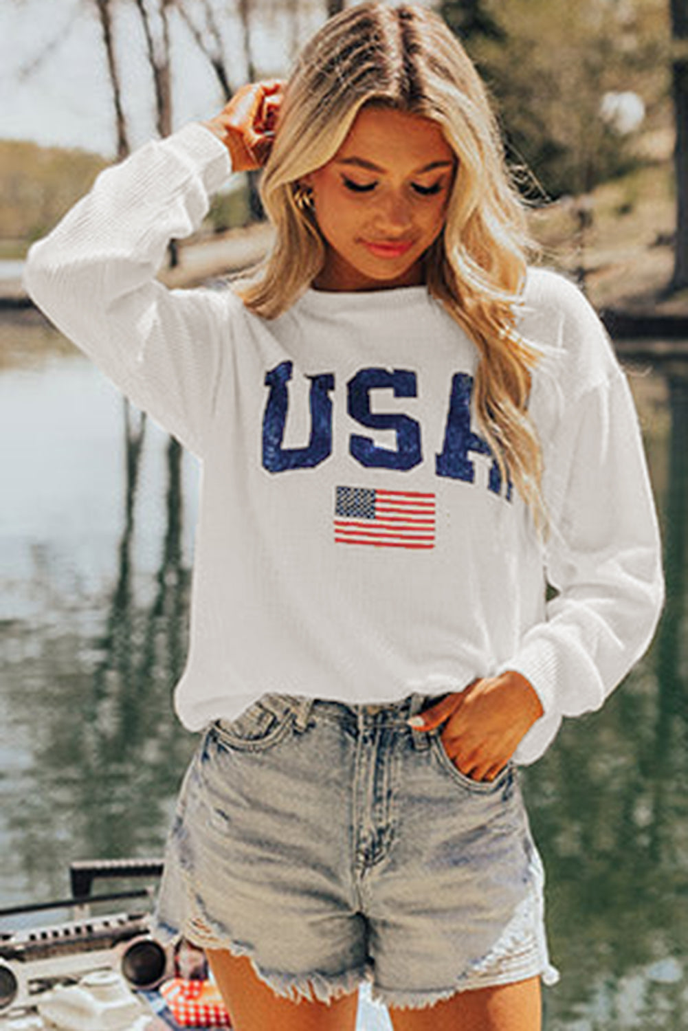 White USA Flag Corded Graphic Sweatshirt - Glimmer Road