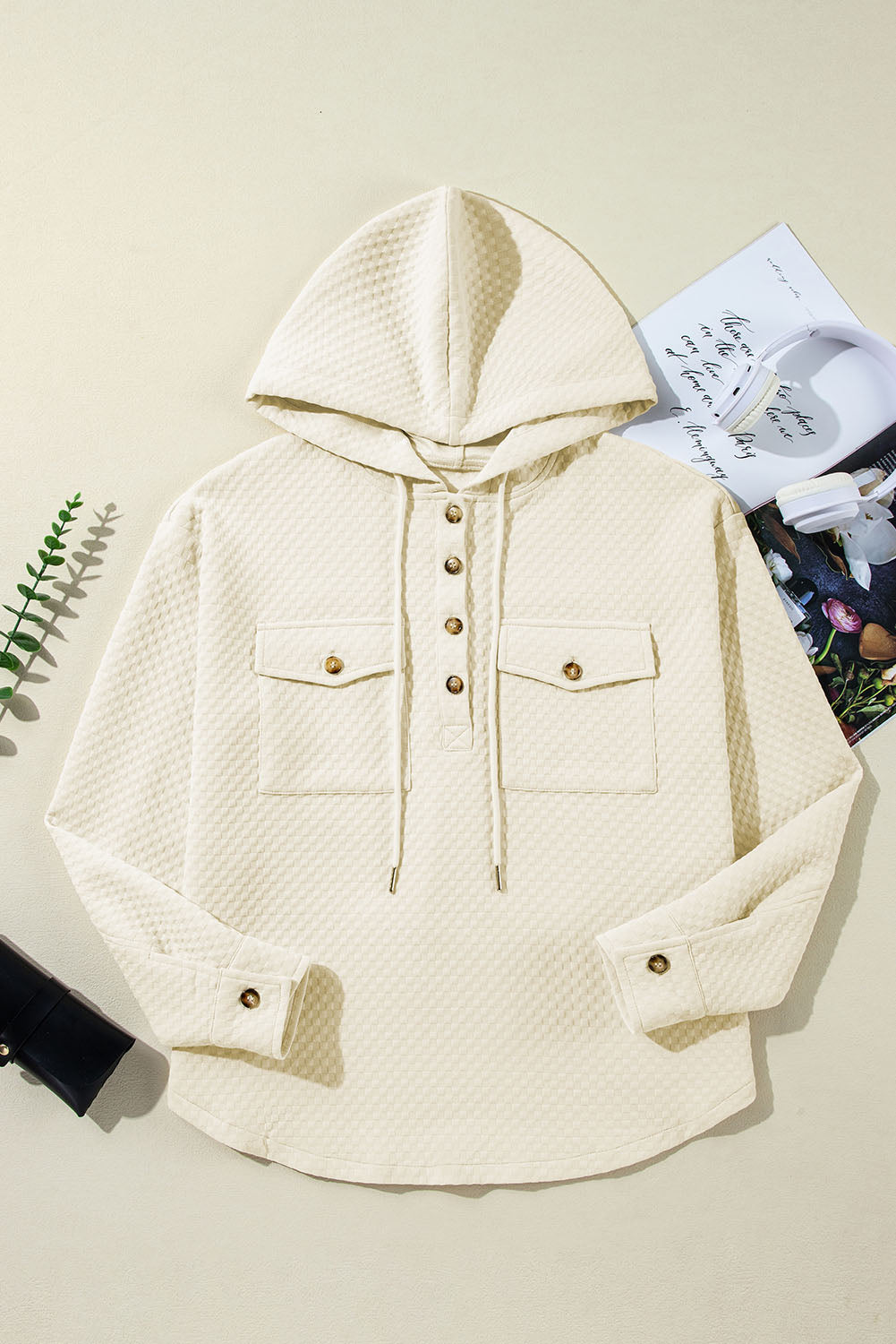 Apricot Textured Buttoned Neckline Side Pockets Hoodie - Glimmer Road