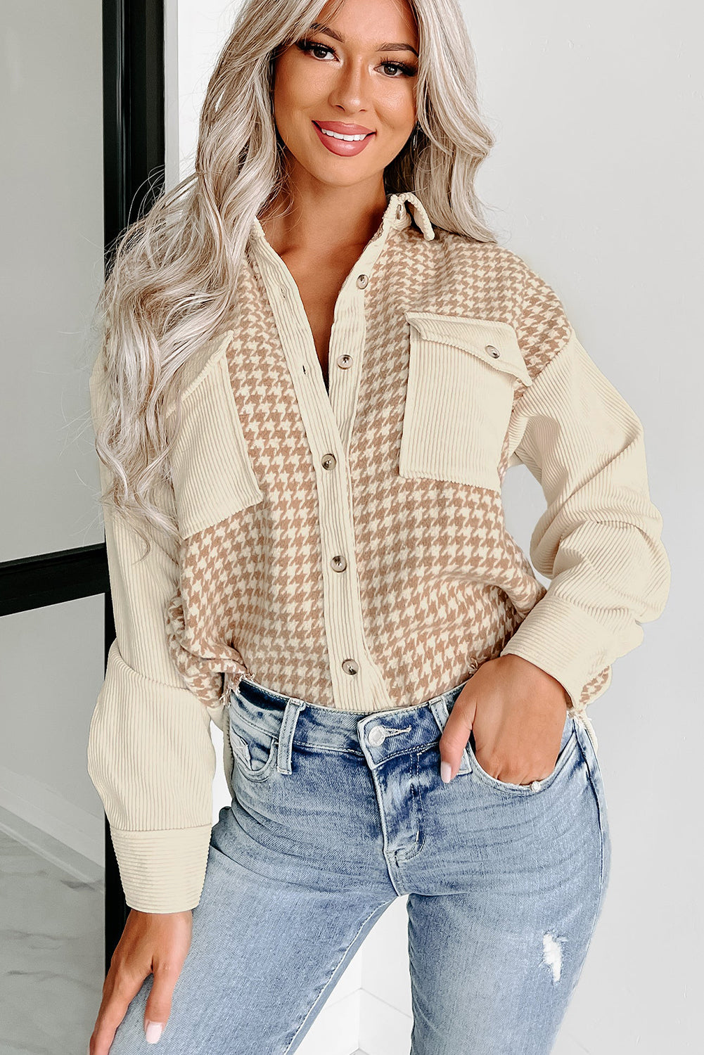 Parchment Houndstooth Corduroy Patchwork Flap Pocket Shacket - Glimmer Road