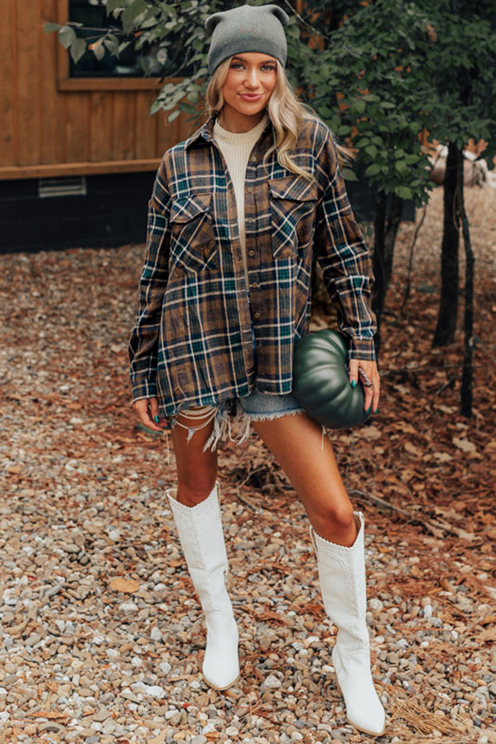 Brown Plaid Print Chest Pockets Buttoned Shirt Jacket - Glimmer Road