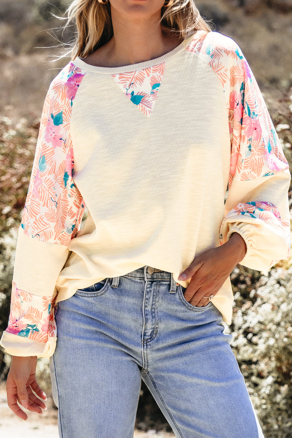 Apricot Textured Floral Patchwork Balloon Sleeve Blouse - Glimmer Road