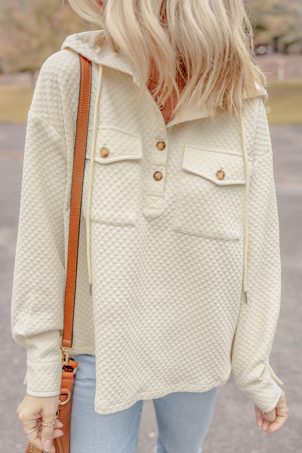 Apricot Textured Buttoned Neckline Side Pockets Hoodie - Glimmer Road