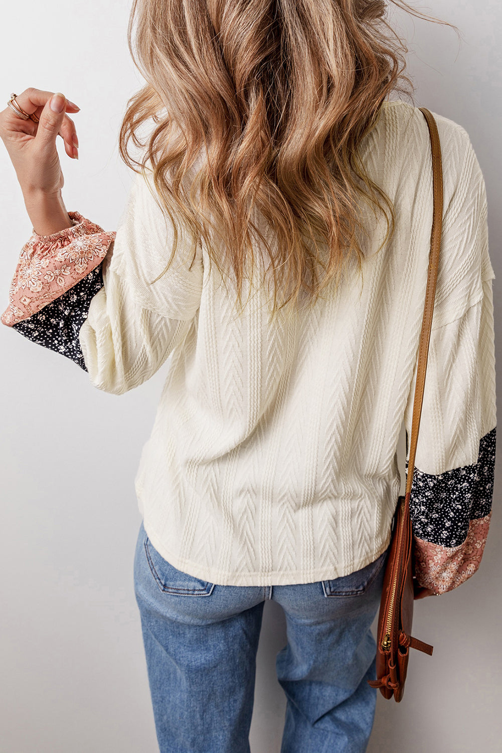 Black Floral Patchwork Textured Knit Drawstring V Neck Blouse - Glimmer Road