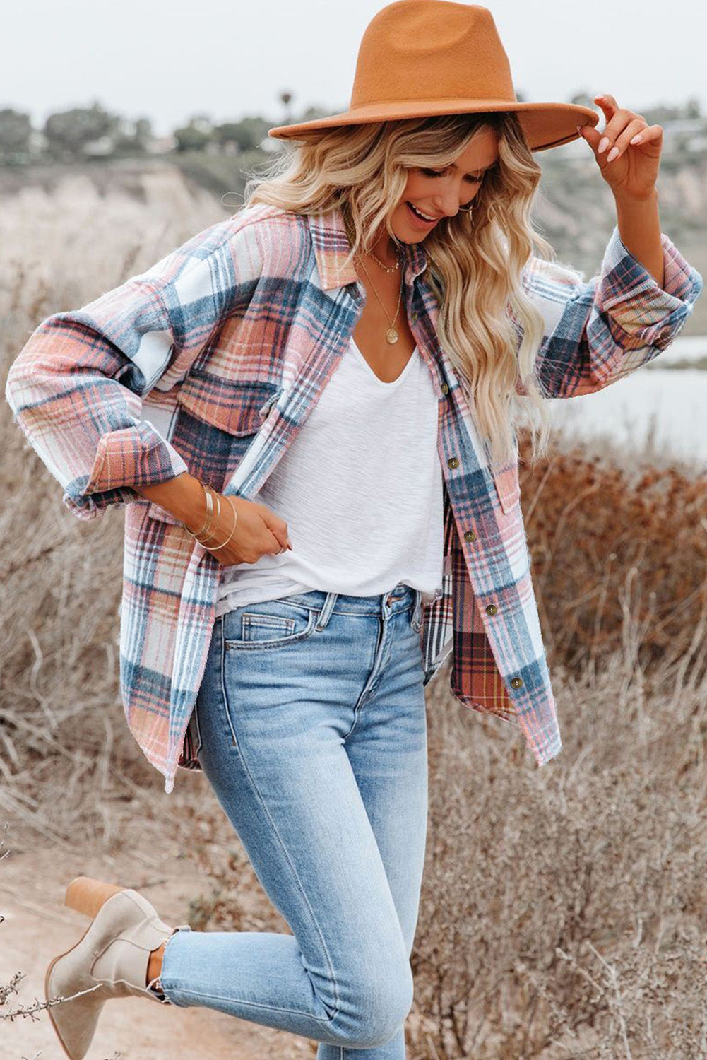 Pink Black/Pink Plaid Flap Pockets Shacket - Glimmer Road