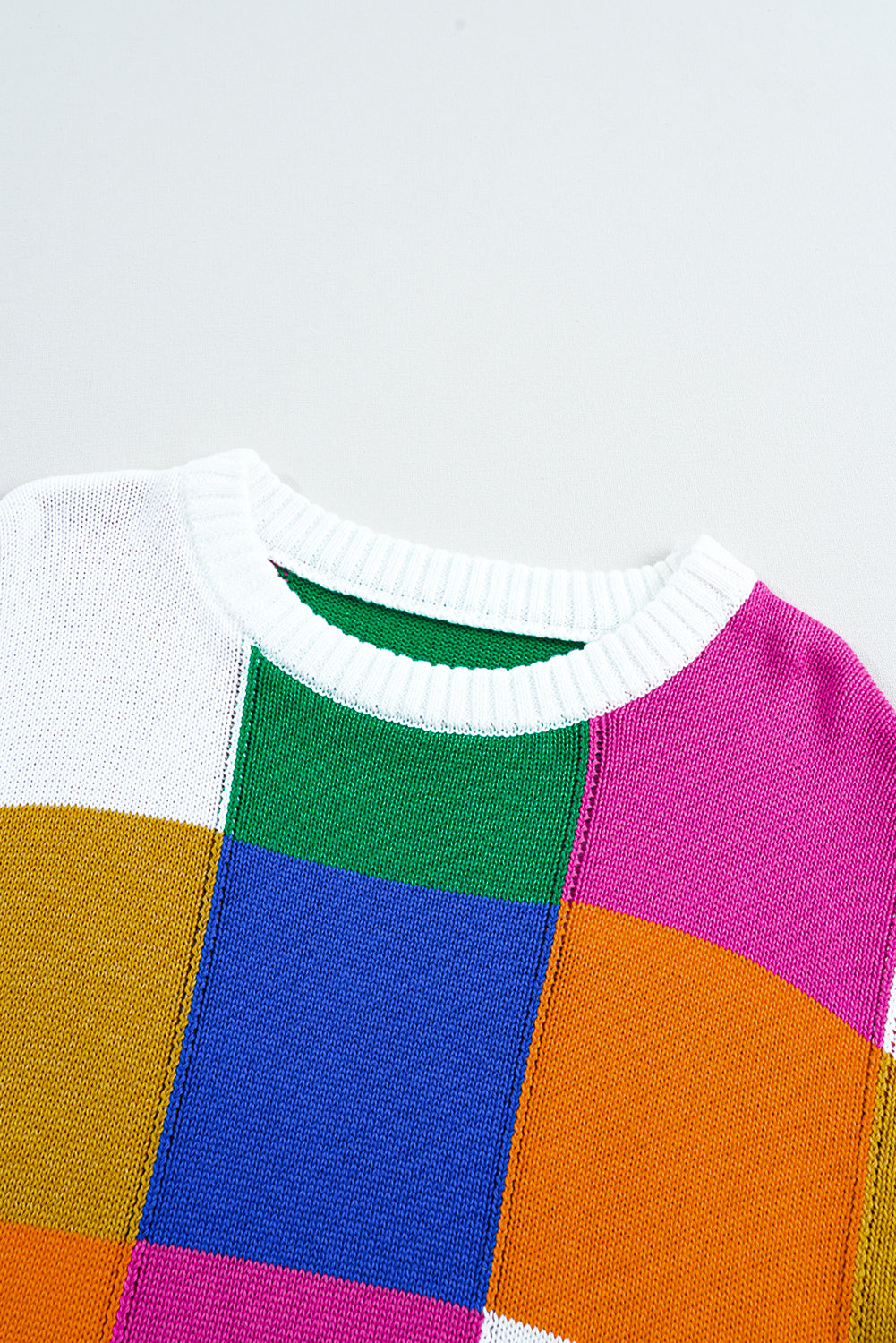 Orange Checkered Color Block Round Neck Loose Sweater - Glimmer Road
