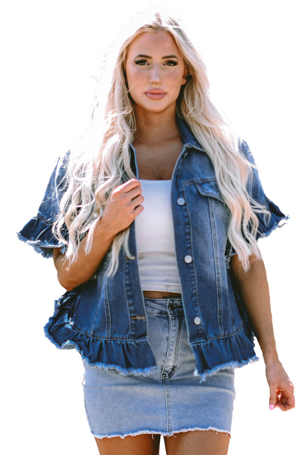 Peacock Blue Raw Edge Ruffled Short Sleeve Denim Jacket - Glimmer Road