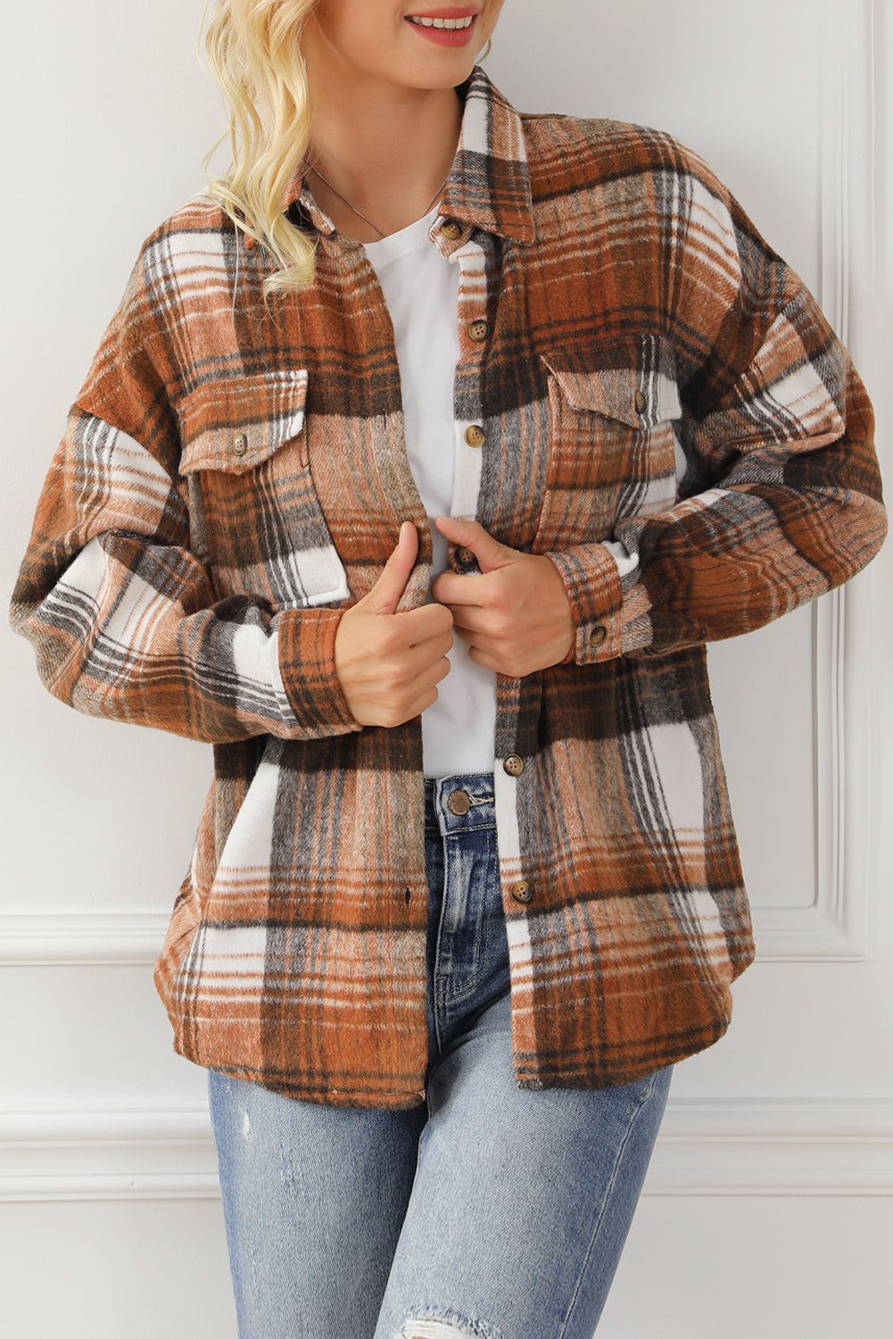 Brown Plaid Flap Pockets Shacket - Glimmer Road