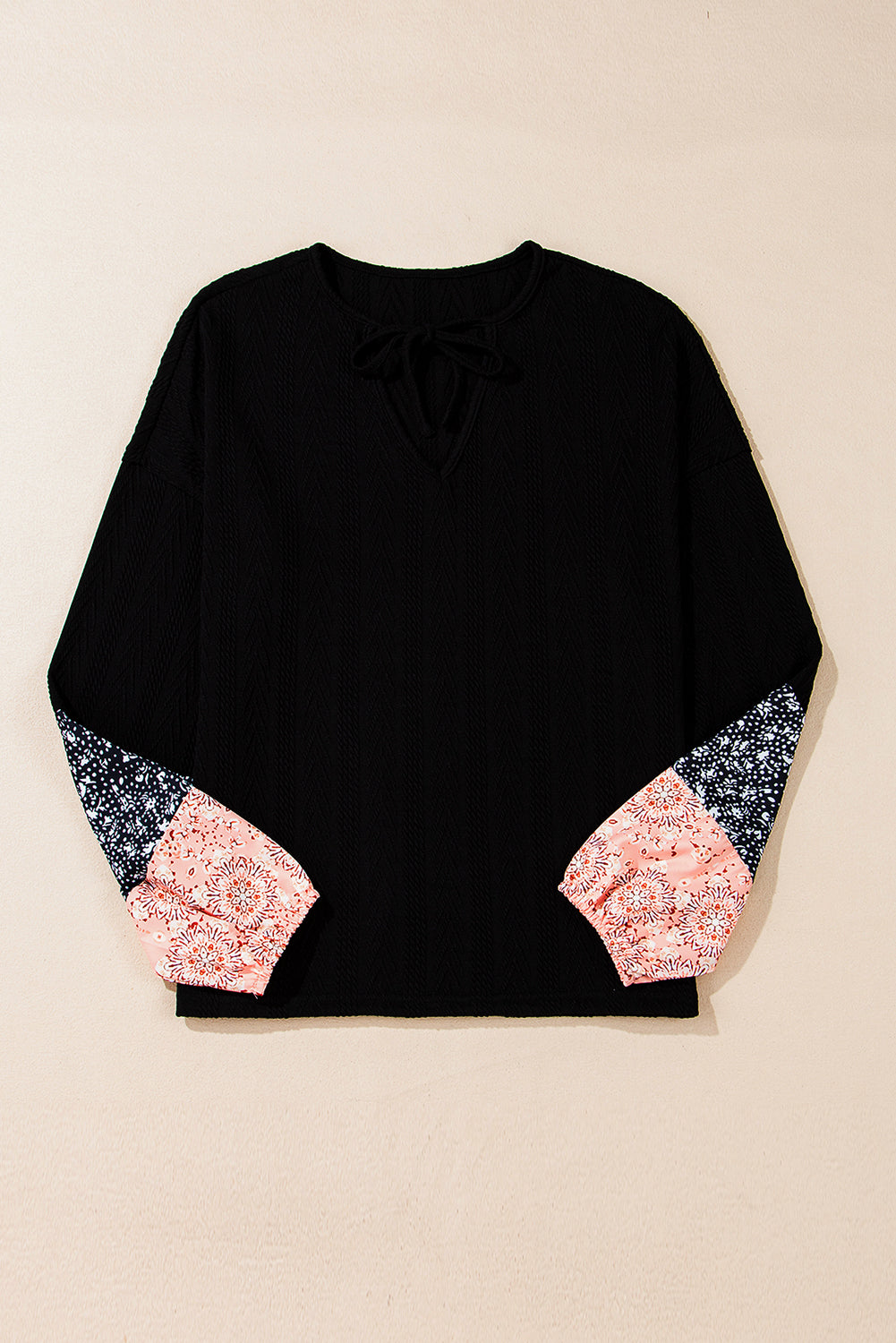 Black Floral Patchwork Textured Knit Drawstring V Neck Blouse - Glimmer Road