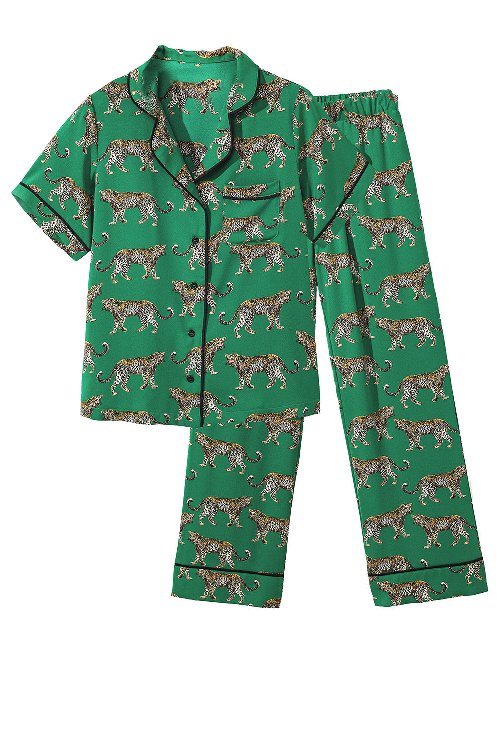 Green Cheetah Print Short Sleeve Shirt and Pants Pajama Set - Glimmer Road