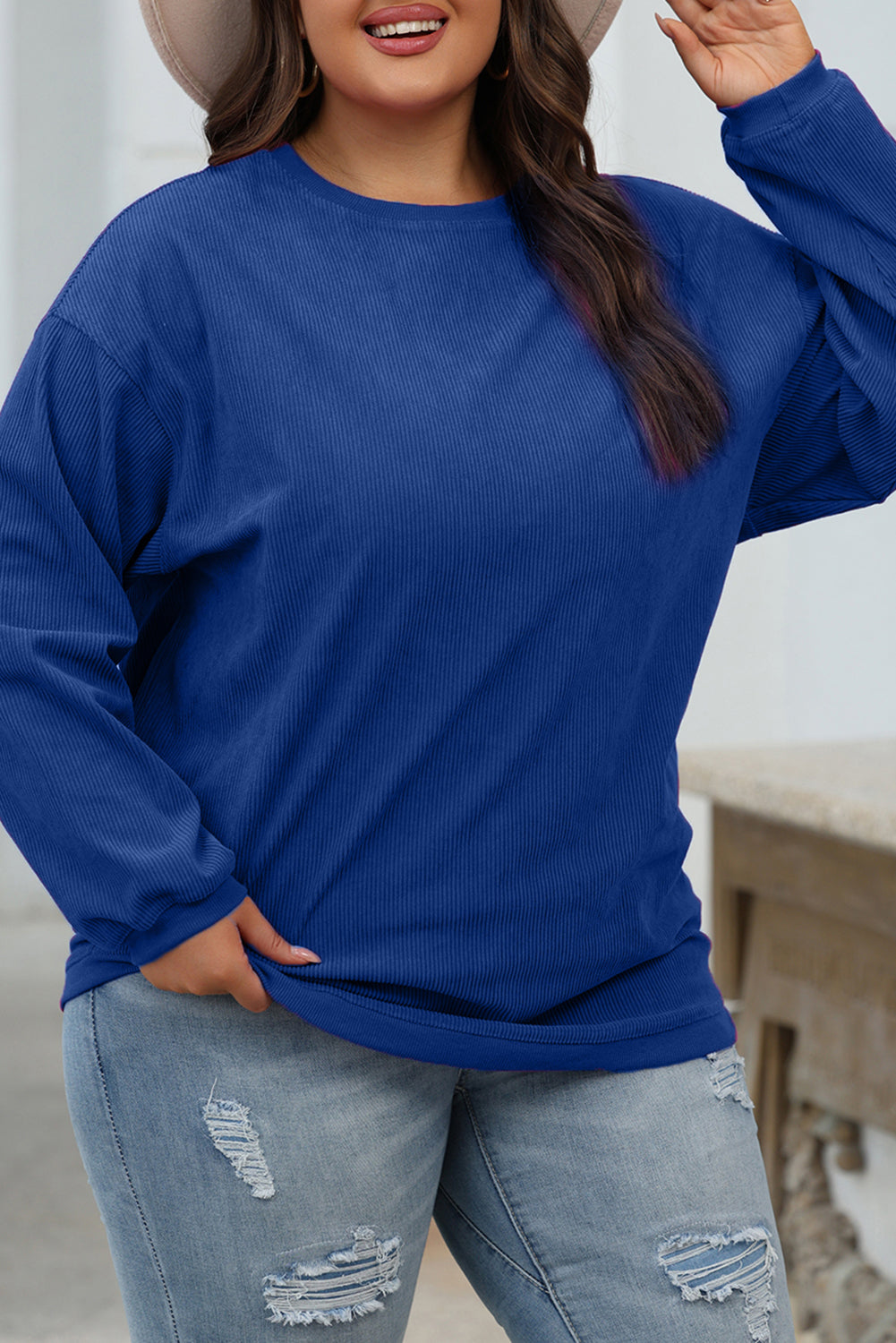 Dark Blue Ribbed Corduroy Oversized Sweatshirt - Glimmer Road