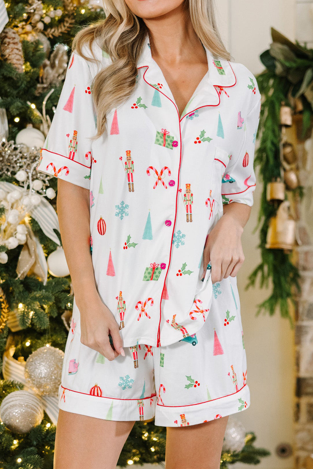 White Christmas Print Short Sleeve Shirt and Shorts Pajama Set - Glimmer Road