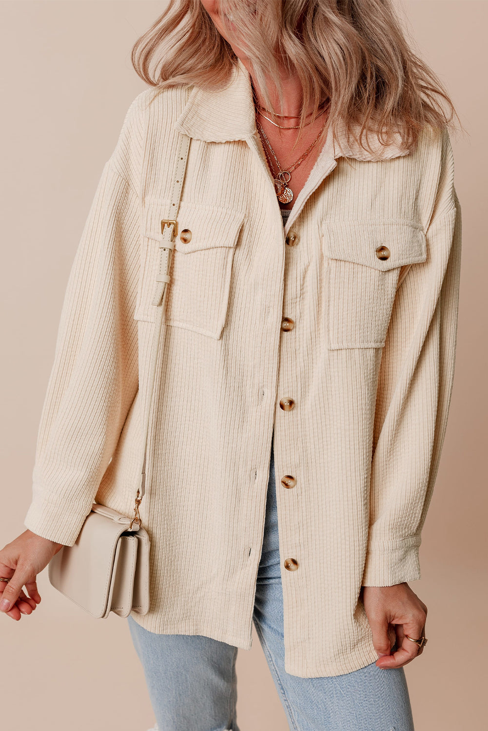 Oatmeal Corduroy Flap Pocket Button Up Shacket - Glimmer Road
