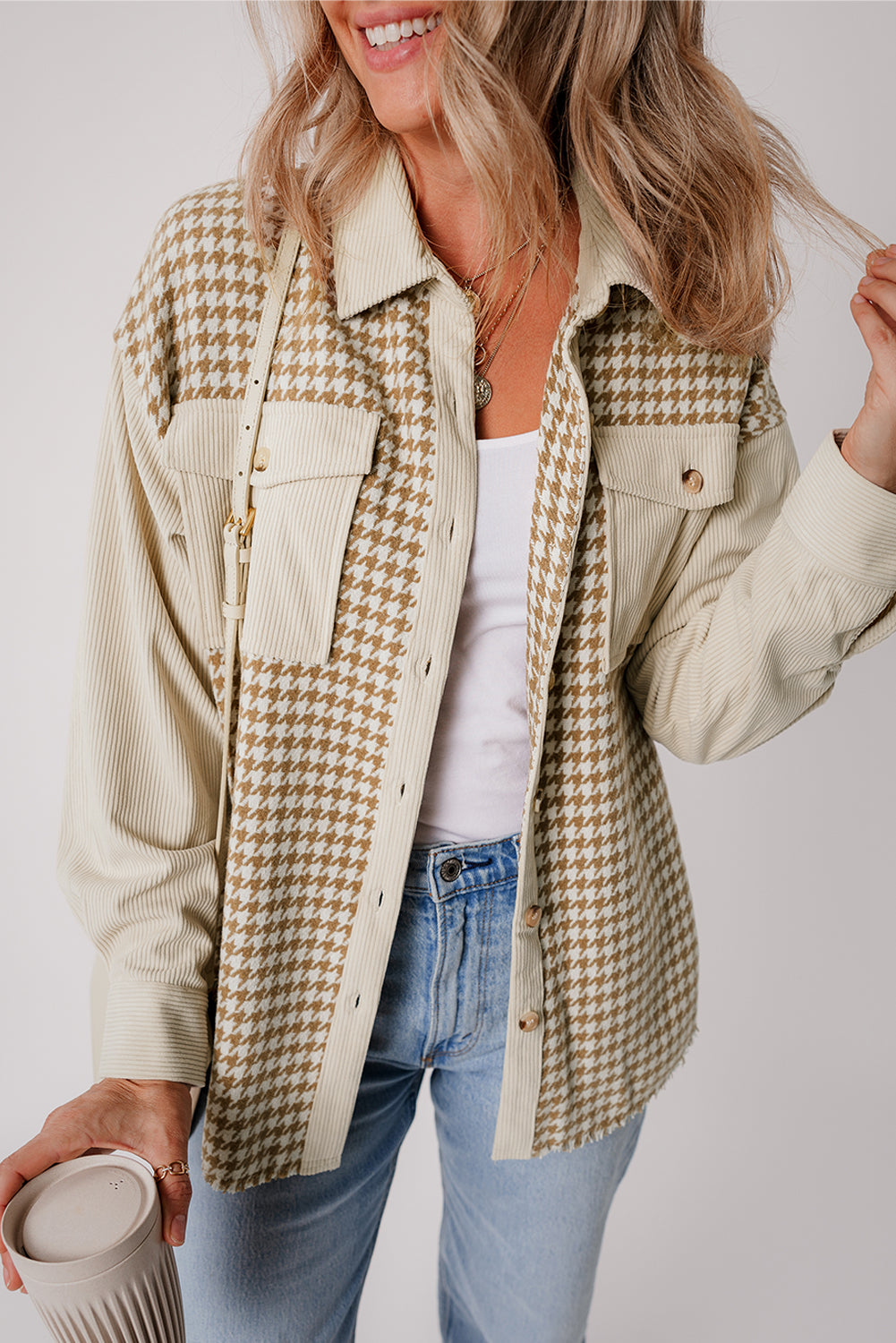 Parchment Houndstooth Corduroy Patchwork Flap Pocket Shacket - Glimmer Road
