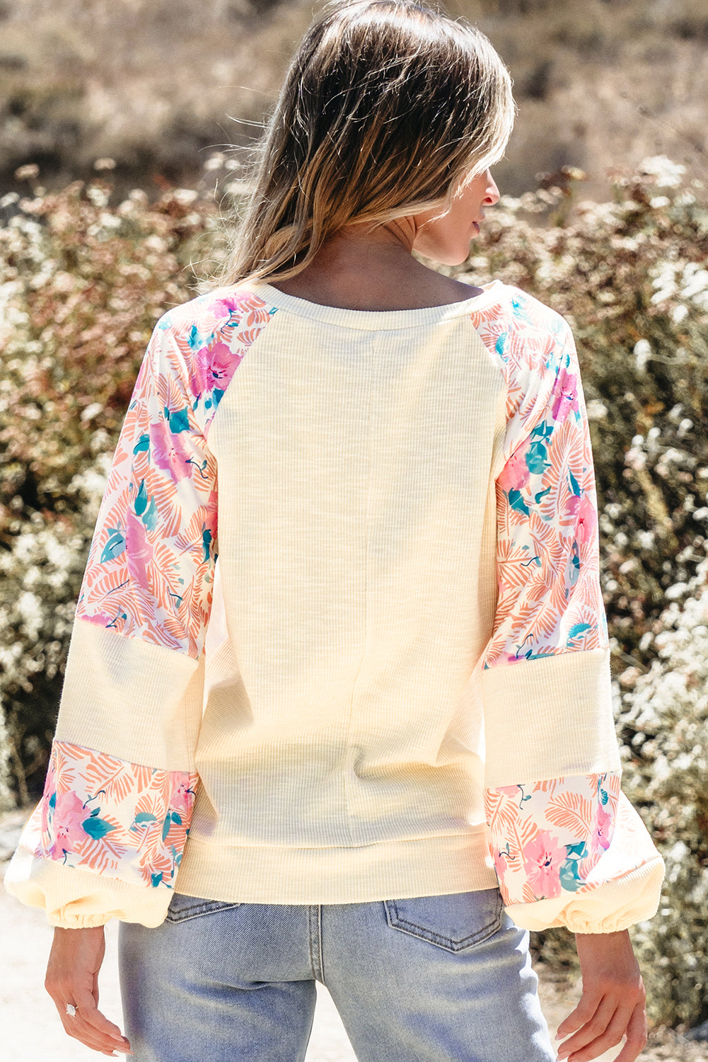 Apricot Textured Floral Patchwork Balloon Sleeve Blouse - Glimmer Road