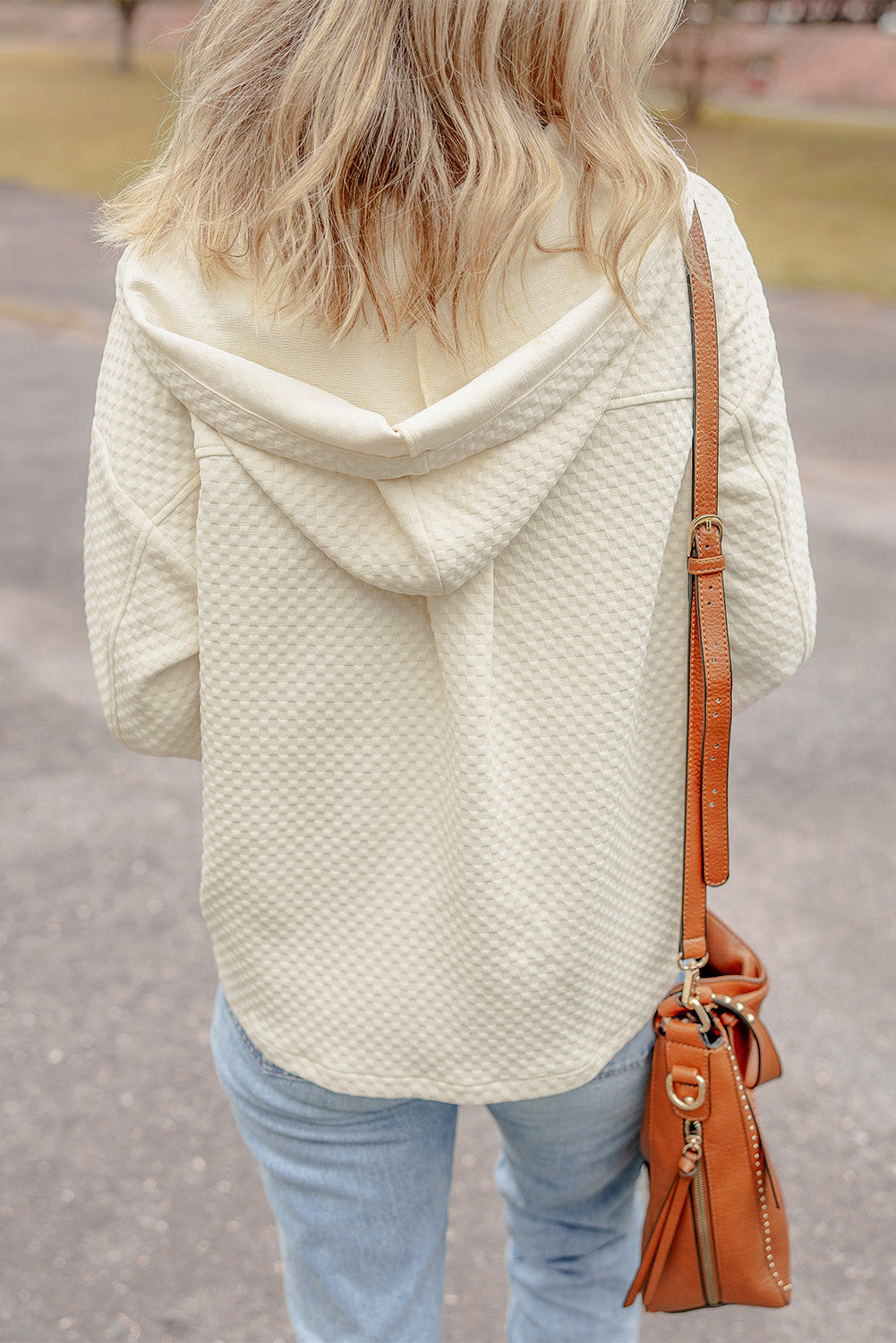 Apricot Textured Buttoned Neckline Side Pockets Hoodie - Glimmer Road