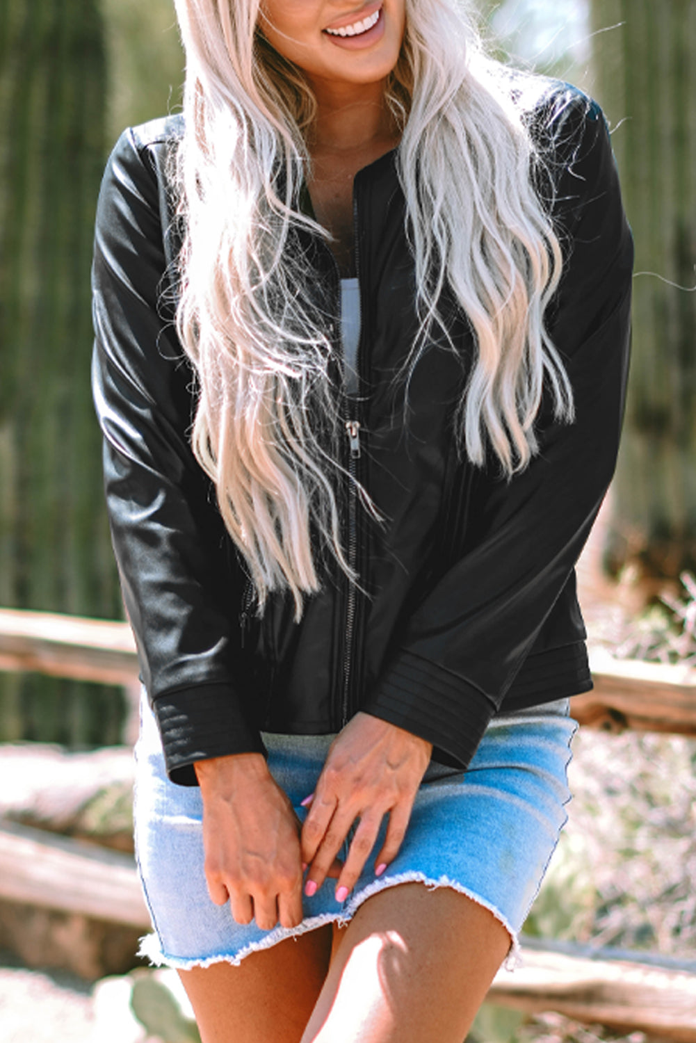 Black Solid Faux Leather Zipper Slim Fit Bomber Jacket - Glimmer Road