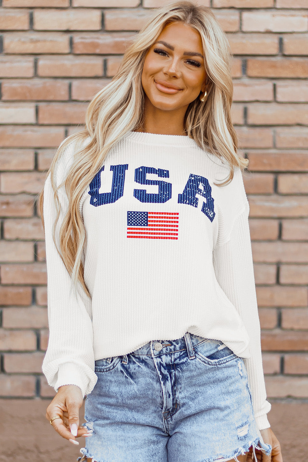 White USA Flag Corded Graphic Sweatshirt - Glimmer Road