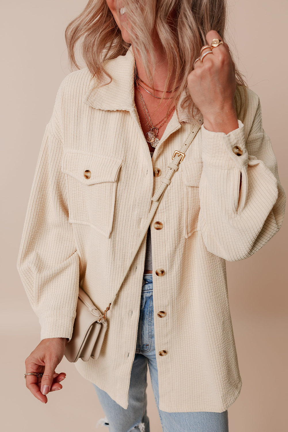 Oatmeal Corduroy Flap Pocket Button Up Shacket - Glimmer Road