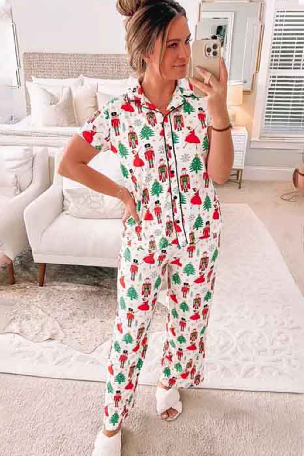 White Printed Christmas Pattern Buttoned Two Piece Sleepwear - Glimmer Road