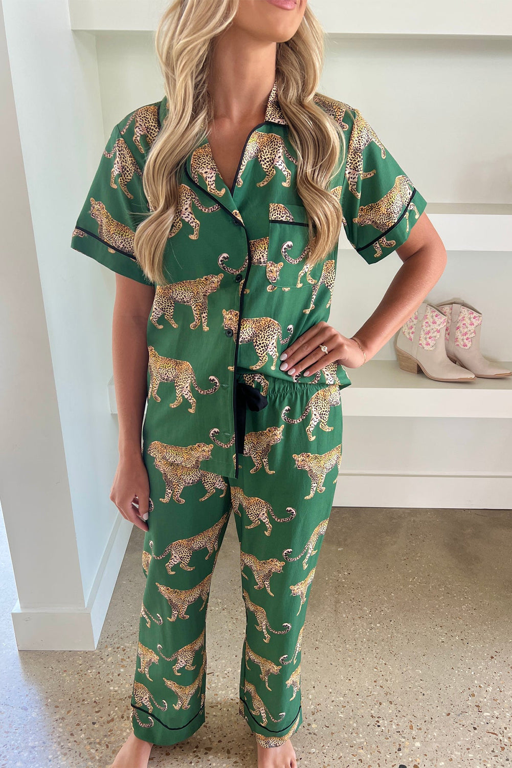 Green Cheetah Print Short Sleeve Shirt and Pants Pajama Set - Glimmer Road