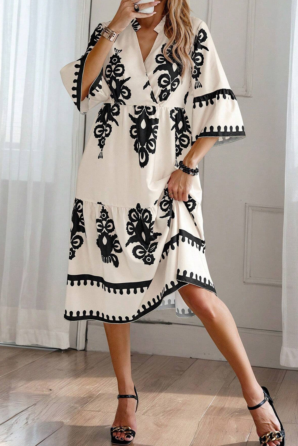 Beige Western Geometric Print 3/4 Sleeve Loose Midi Dress - Glimmer Road