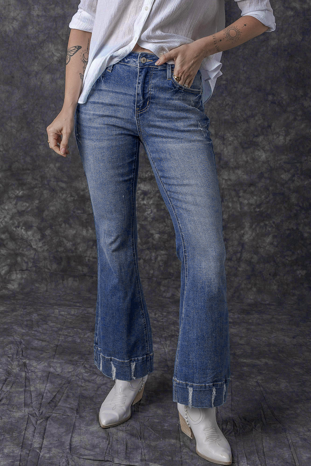 Sky Blue Slight Distressed Medium Wash Flare Jeans - Glimmer Road