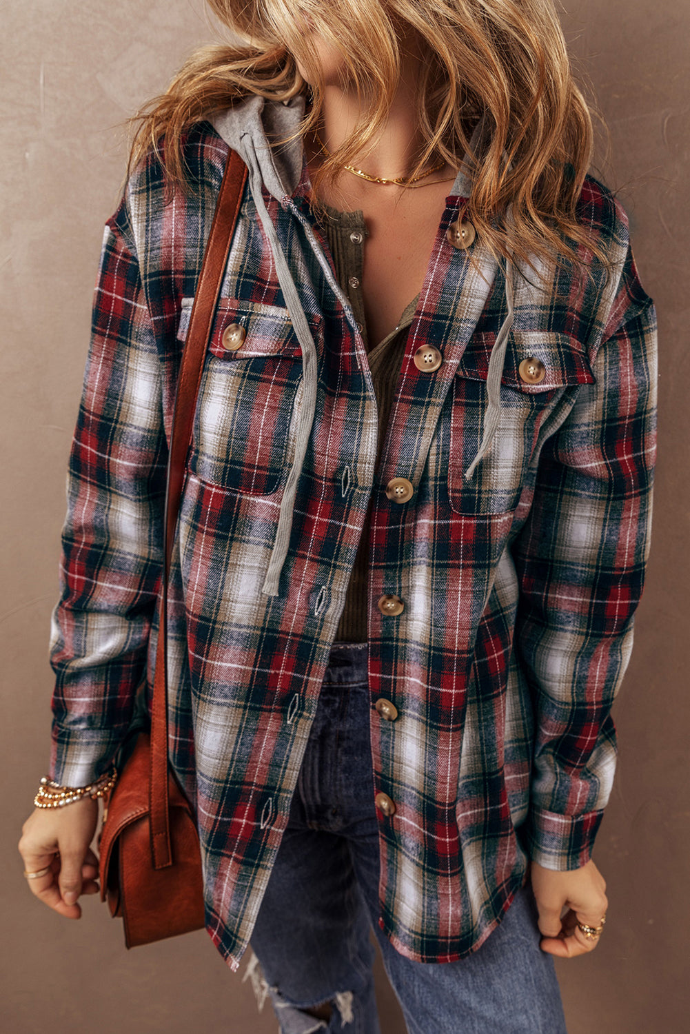 Red Plaid Print Chest Pocket Buttoned Hooded Shacket - Glimmer Road