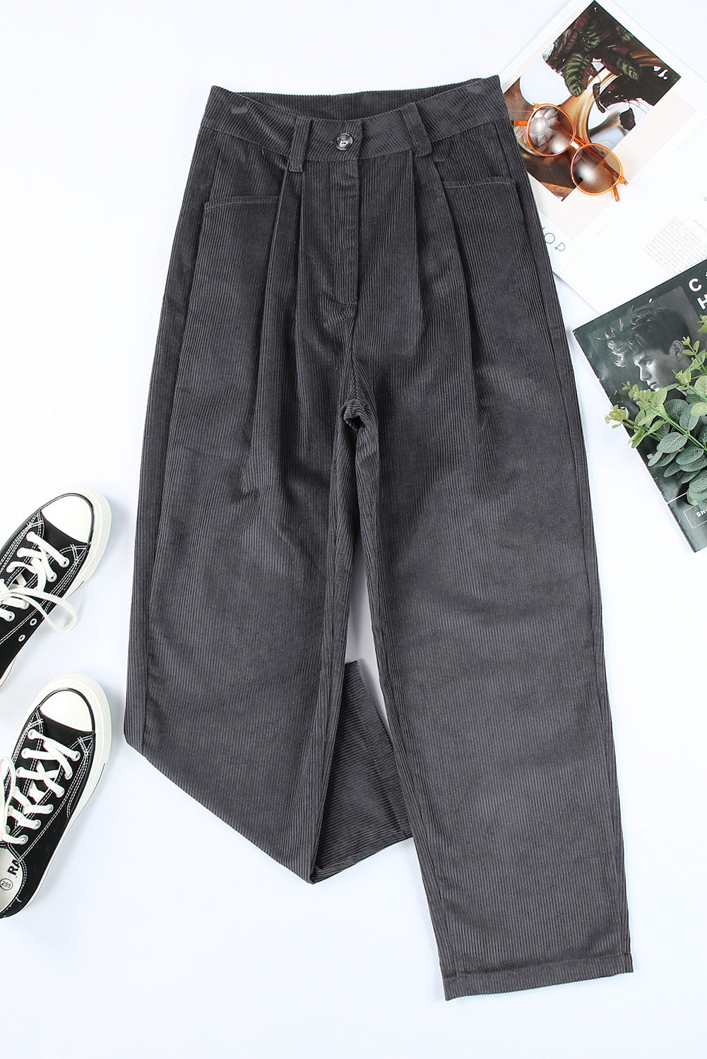 Gray Corduroy High Waist Straight Leg Pants - Glimmer Road